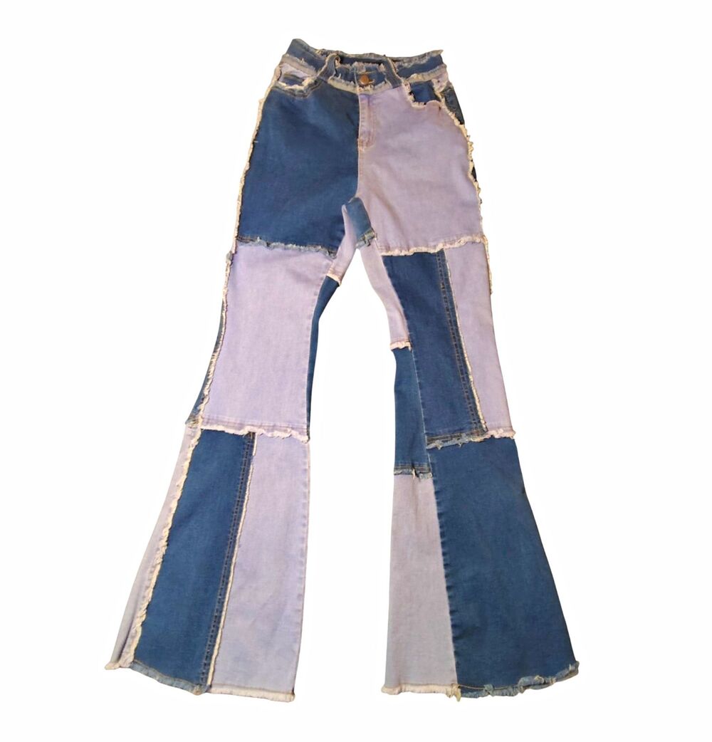 Hot & Delicious Women's Two-Tone Patchwork Flared Jeans Medium Wash Size M